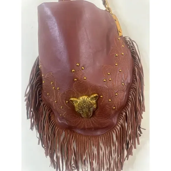 SHARIF Brown Goat Leather & Fringe with Metal Cougar Head Hobo Purse - Picture 2 of 6